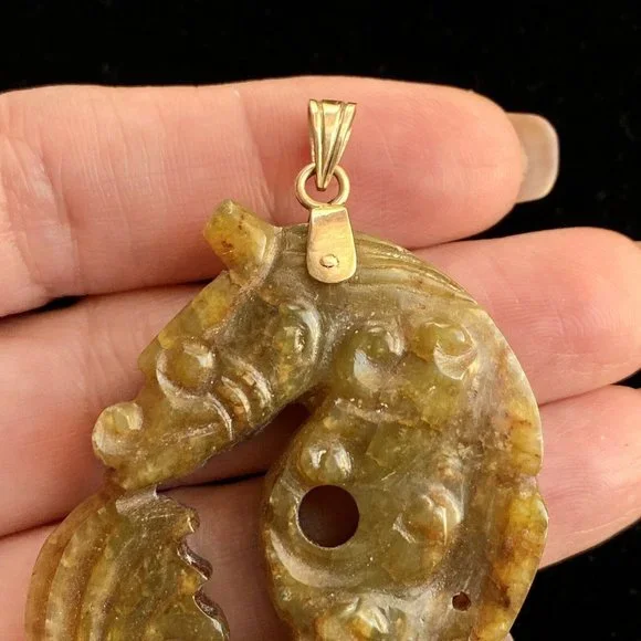 c1976 Seahorse Dragon Asian Carved Brown Jade Stone Pendant 14k Gold Bail